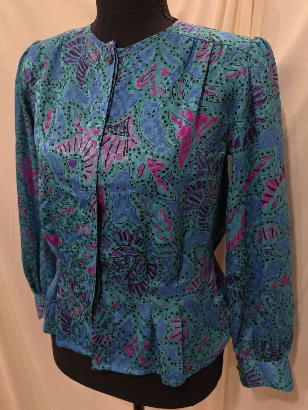 Vintage Laura & Jayne Abstract Peplum Blouse Petite 4 Y2K Retro Teal Blue Pink